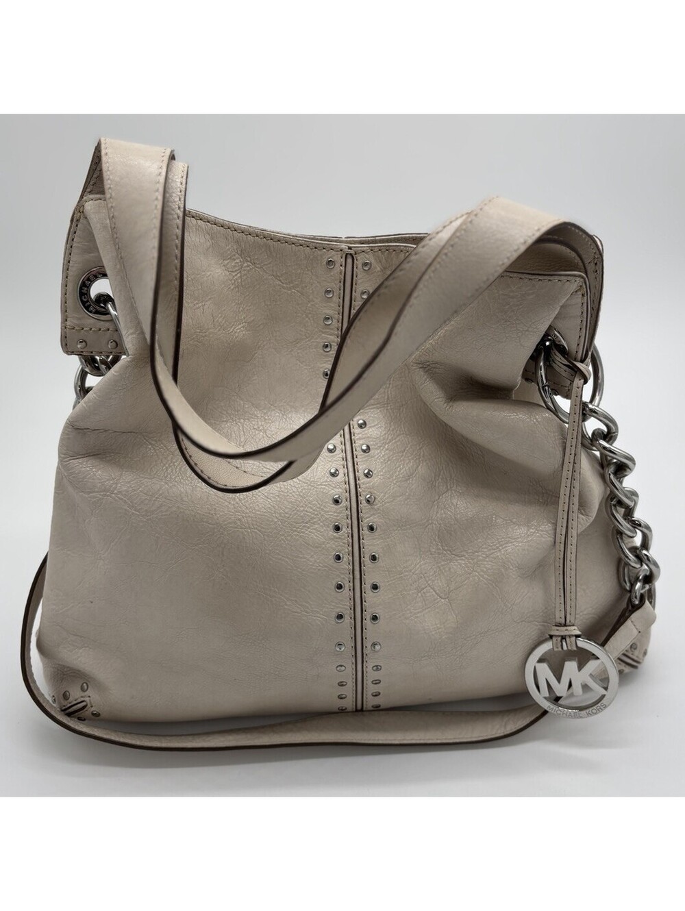 Michael Kors Astor Large Slouchy Studded Hobo Bag Cream Beige Leather Vintage